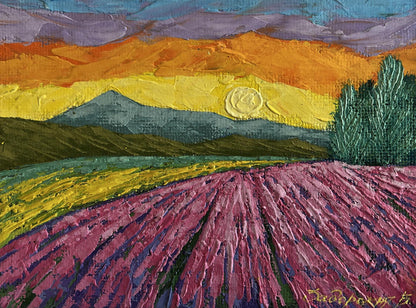 Vibrant impressionist oil painting of lavender field at sunset by V. Zadorozhnya