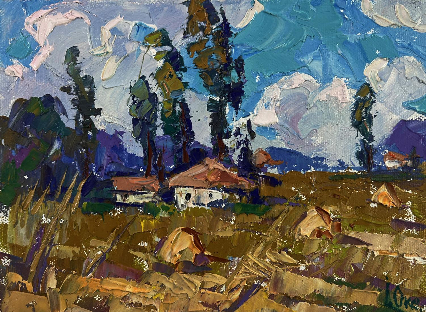 Vibrant impressionist oil painting by Oksana Ivanyuk: rustic village in nature’s smile