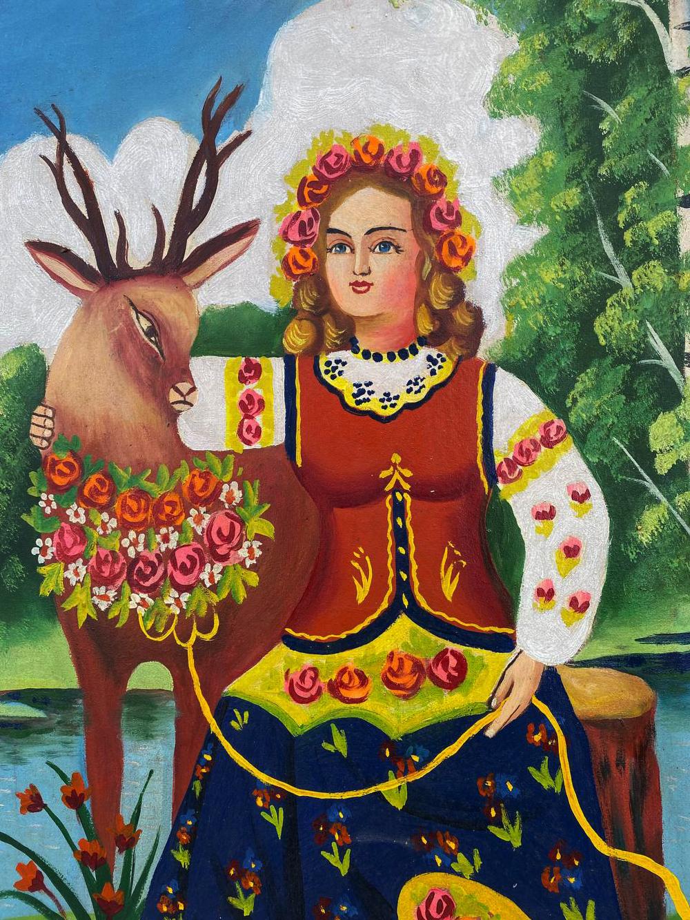 Oil painting portrait of girl in red blue floral folk costume with rose-deer