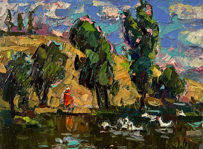 Oil painting Over the River by Oksana Ivanyuk with green trees and red figure
