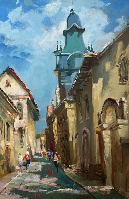 Teal clock tower above street with people walking, Yuriy Suprunchuk oil painting