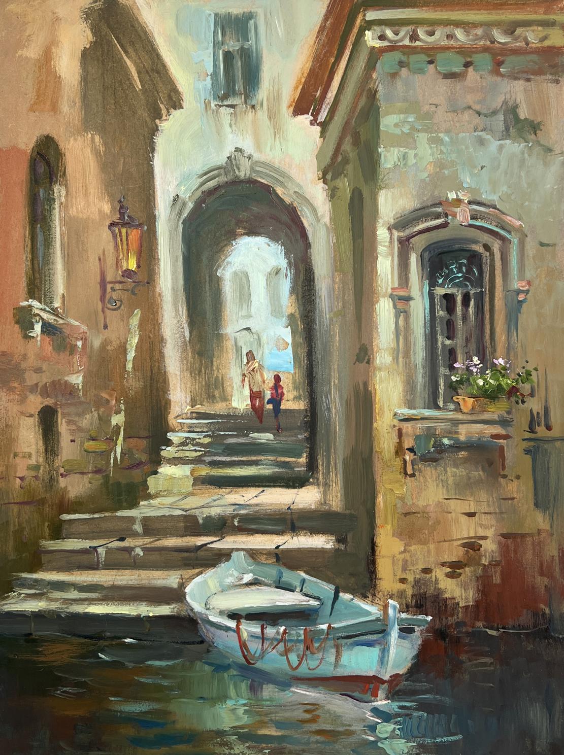 Oil painting of light blue rowboat with red rope in city canal by Yuriy Suprunchuk