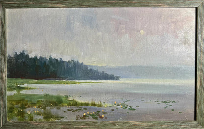 Oil painting Tranquility by the River by Tatyana Derdey in rustic frame