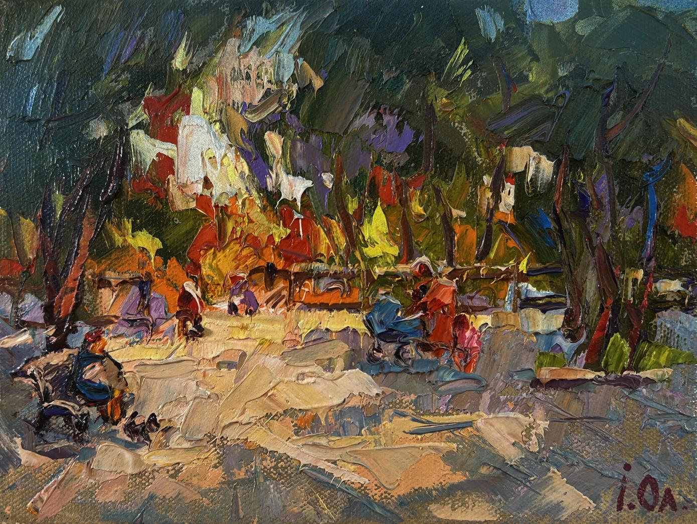 Vibrant impressionist oil painting by Oleksiy Ivanyuk of bustling park market