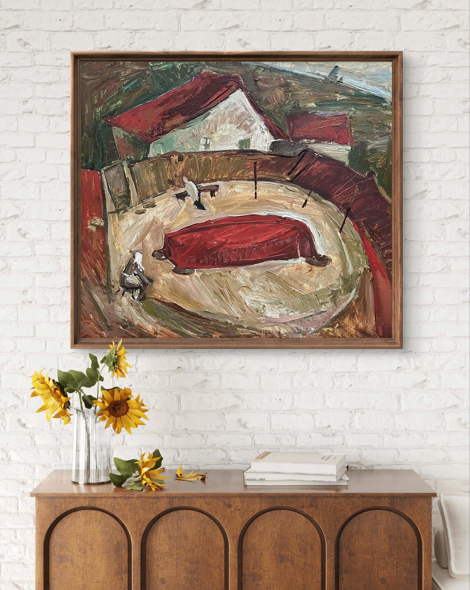 Framed abstract bullfight oil painting by Oleksandr Andreev in red earthy tones