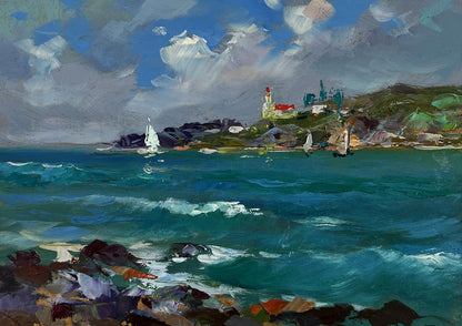 Oil painting of white lighthouse with red roof on rocky cliff by Yuri Suprunchuk