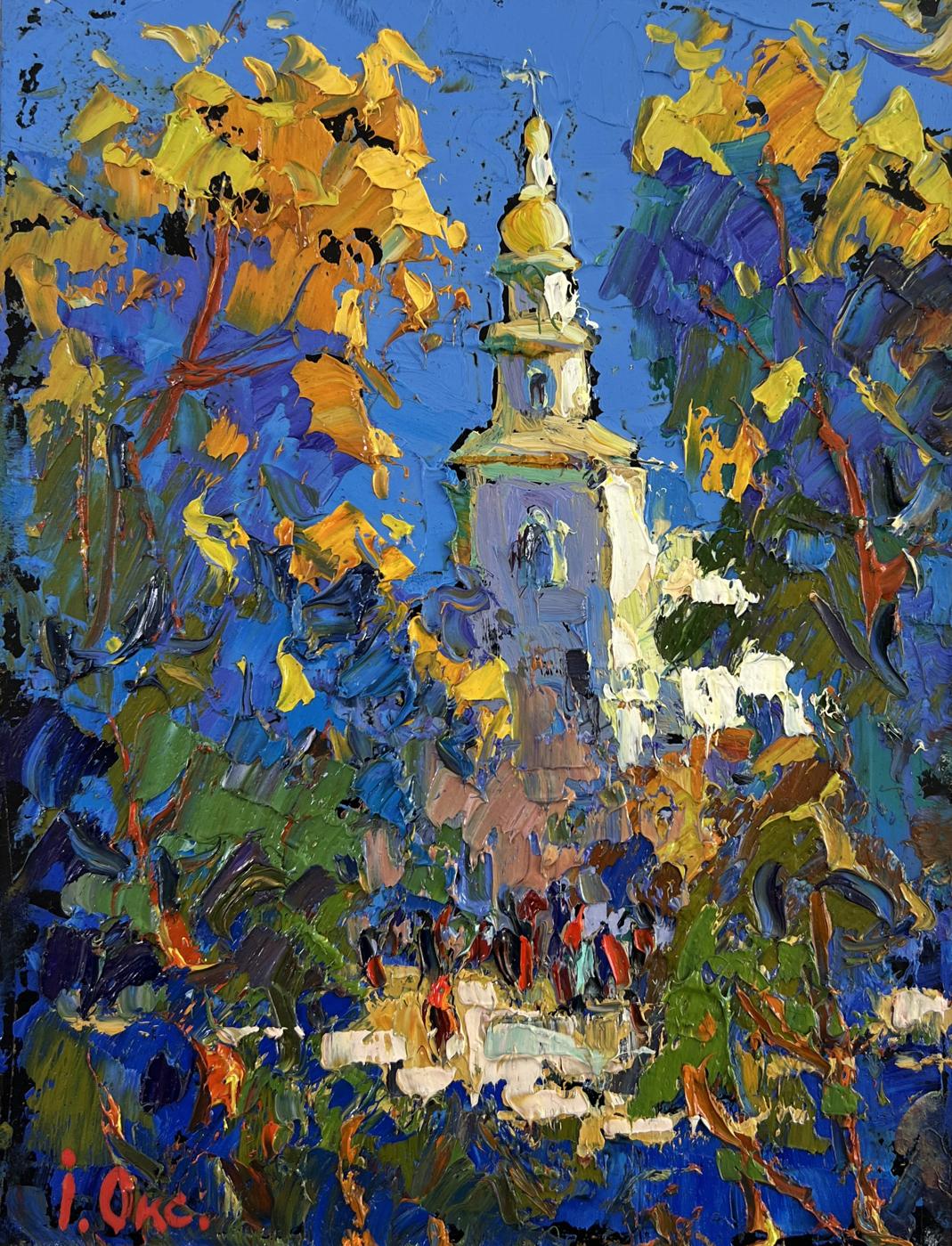 Vibrant impressionistic oil painting of Oksana Ivanyuk church in autumnal nature embrace