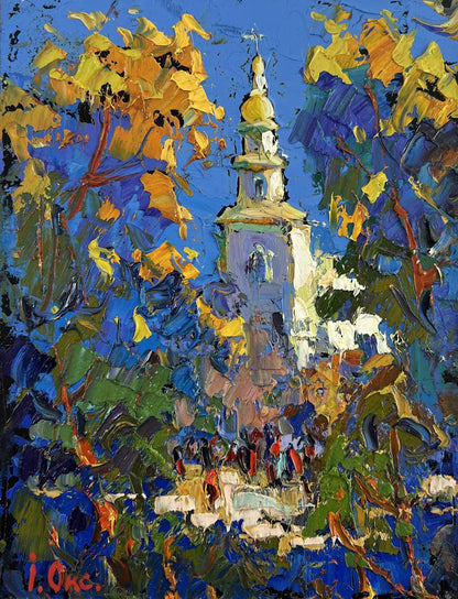 Vibrant impressionistic oil painting of Oksana Ivanyuk church in autumnal nature embrace