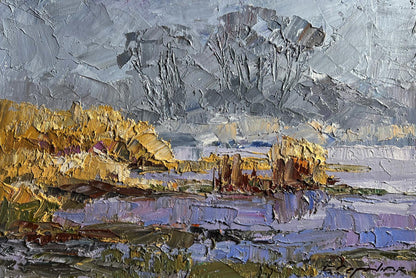 Oil painting Morning Frosts by Boris Serdyuk, impasto landscape in grays and golds