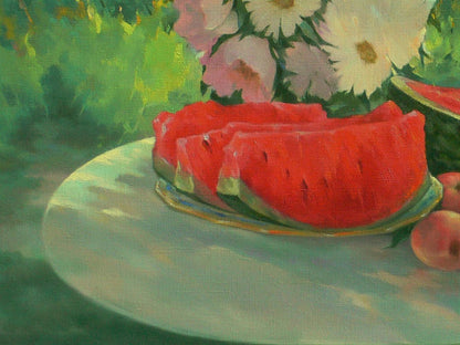 Oil painting of vibrant red watermelon slices by Vasily Korkishko