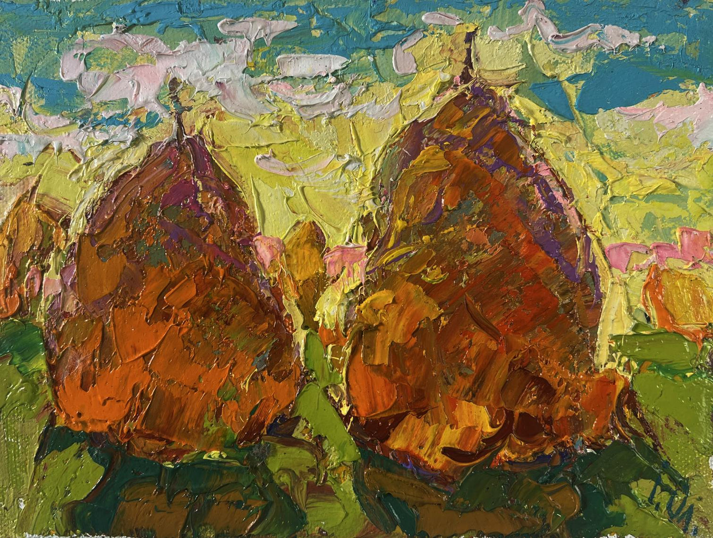Oil painting Spring peace on the outskirts by Oleksiy Ivanyuk: textured impressionistic pears