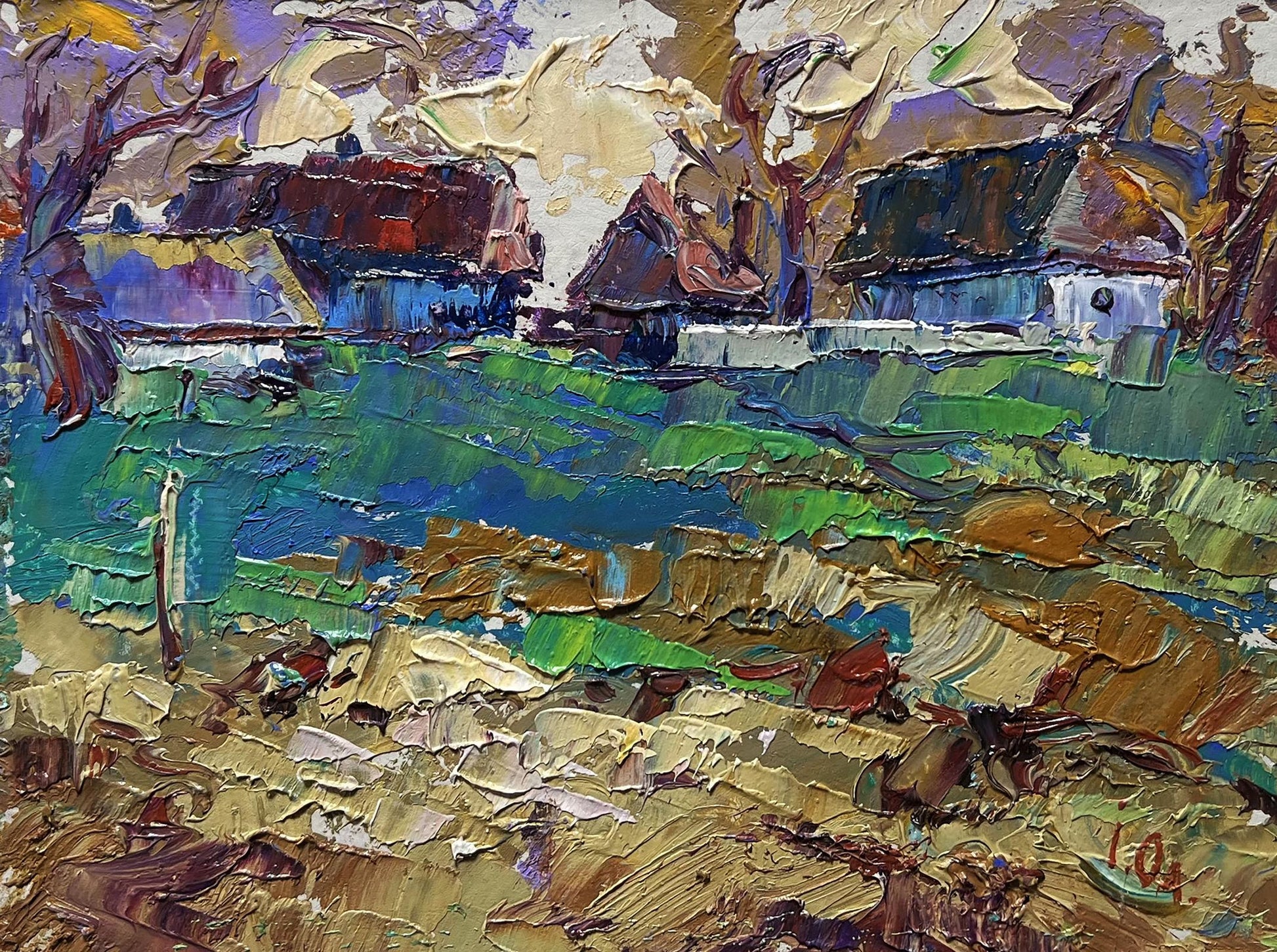 Vibrant impressionist oil painting of sunset behind houses by Oleksiy Ivanyuk