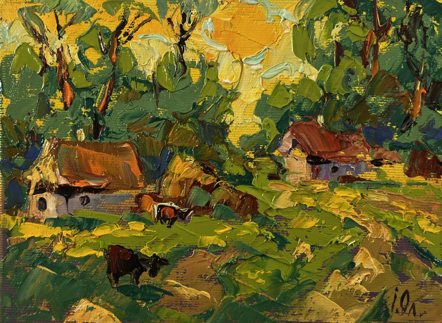 Vibrant impressionist oil painting by Oleksiy Ivanyuk: sunny rural landscape