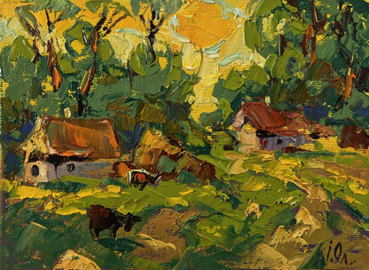 Vibrant impressionist oil painting by Oleksiy Ivanyuk: sunny rural landscape