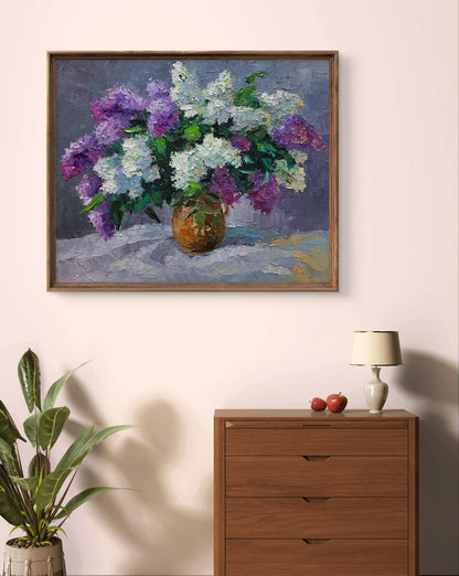 Oil painting Lilac in a jug by Boris Serdyuk, vibrant purple white lilacs