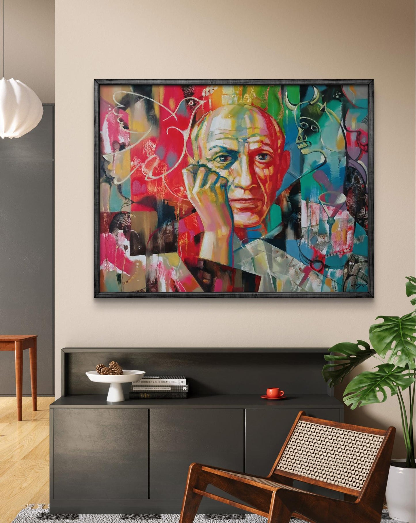 Vibrant abstract oil portrait Picasso in thought by Anatoly Tarabanov in black frame