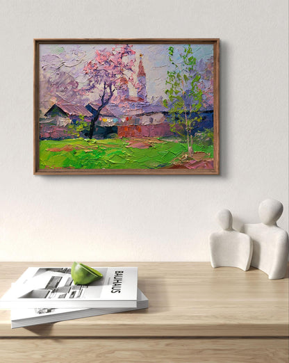 Framed impressionist oil painting Spring has come by Boris Serdyuk village scene