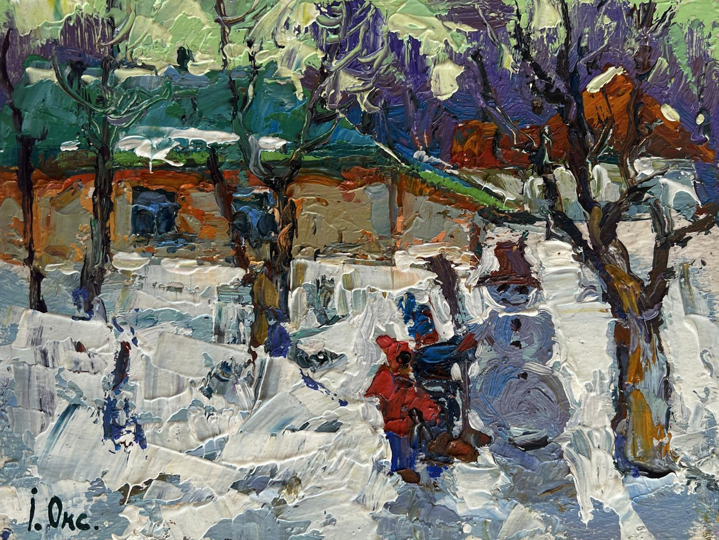 Oil painting by Oksana Ivanyuk: children making snowman in snowy village