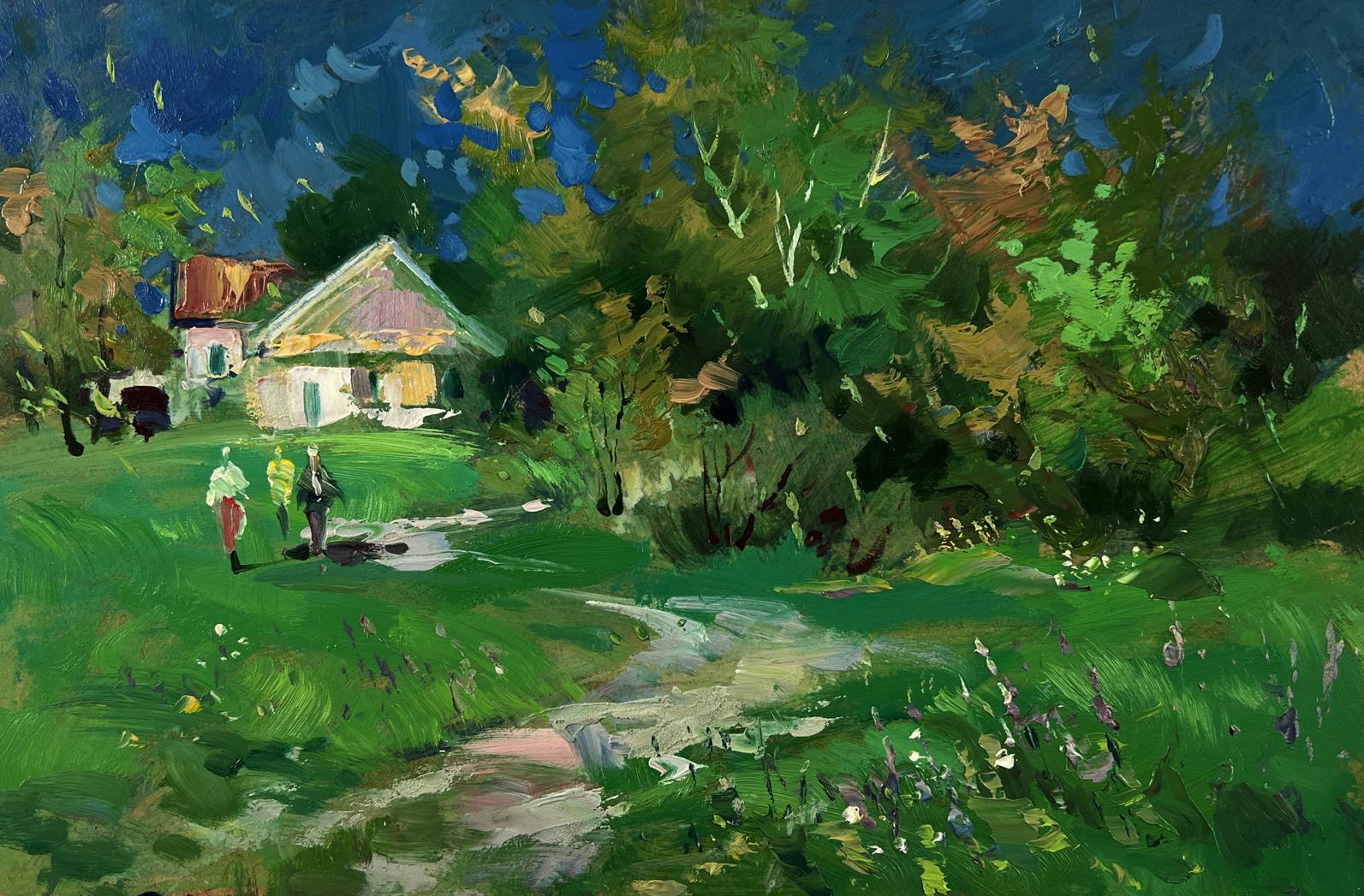 Vibrant impressionistic oil painting by Yuriy Suprunchuk of path to village cottage in lush greenery