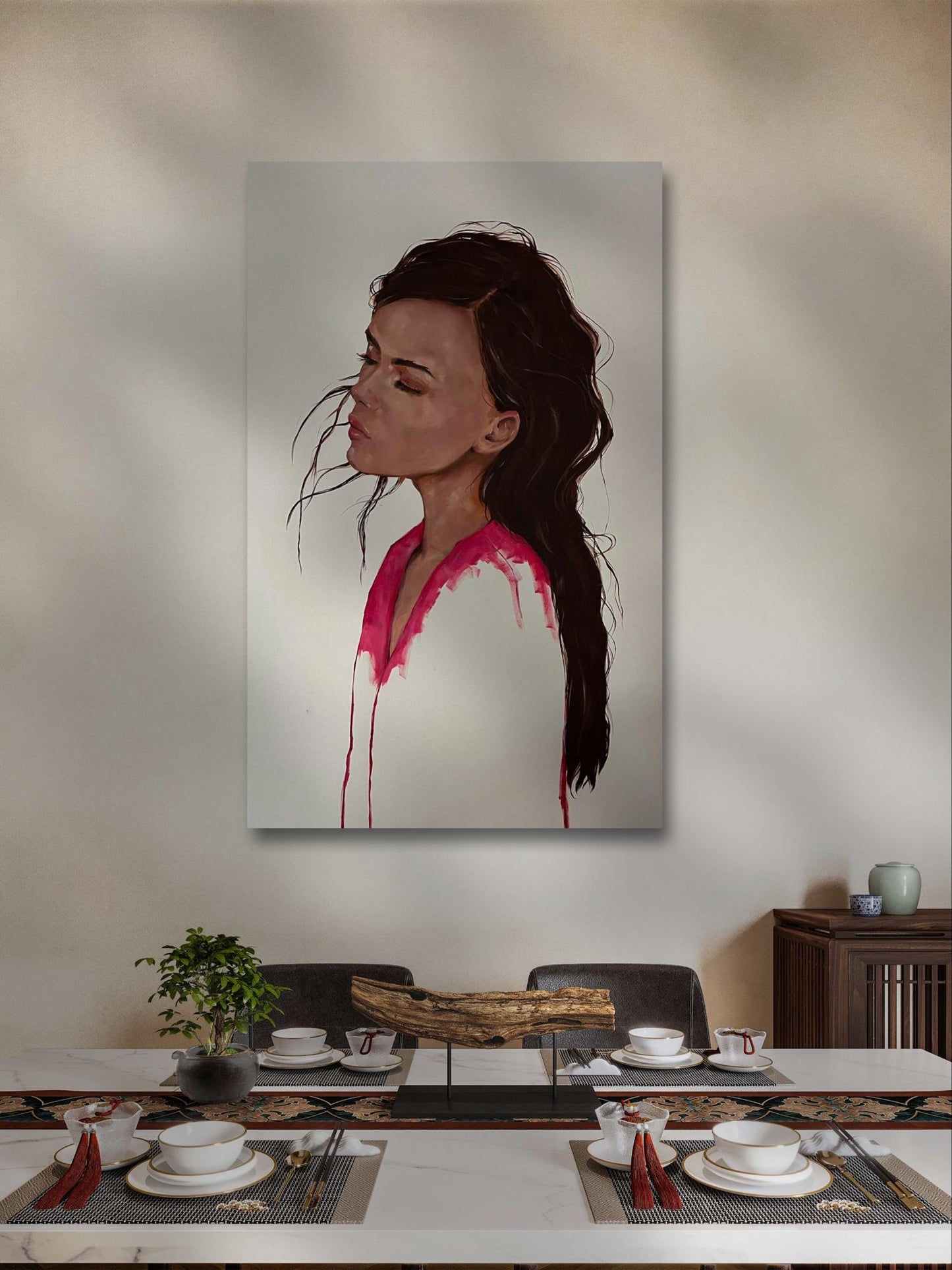 Oil painting Expressiveity by Victoria Kagalovska: woman with dark hair, pink accents on white garment
