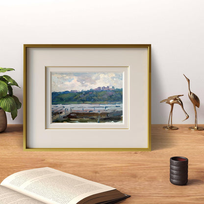 Gold-framed Oil painting City pier by Yury Konovalov serene landscape