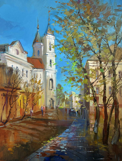 Oil painting Autumn City Symphony by Yuriy Suprunchuk: church with twin spires