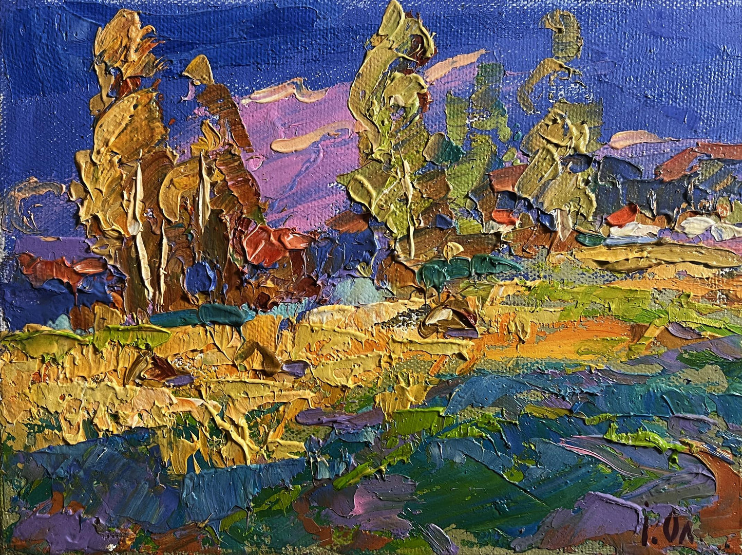 Vibrant impressionist oil painting Blue sky over the fields by Oksana Ivanyuk