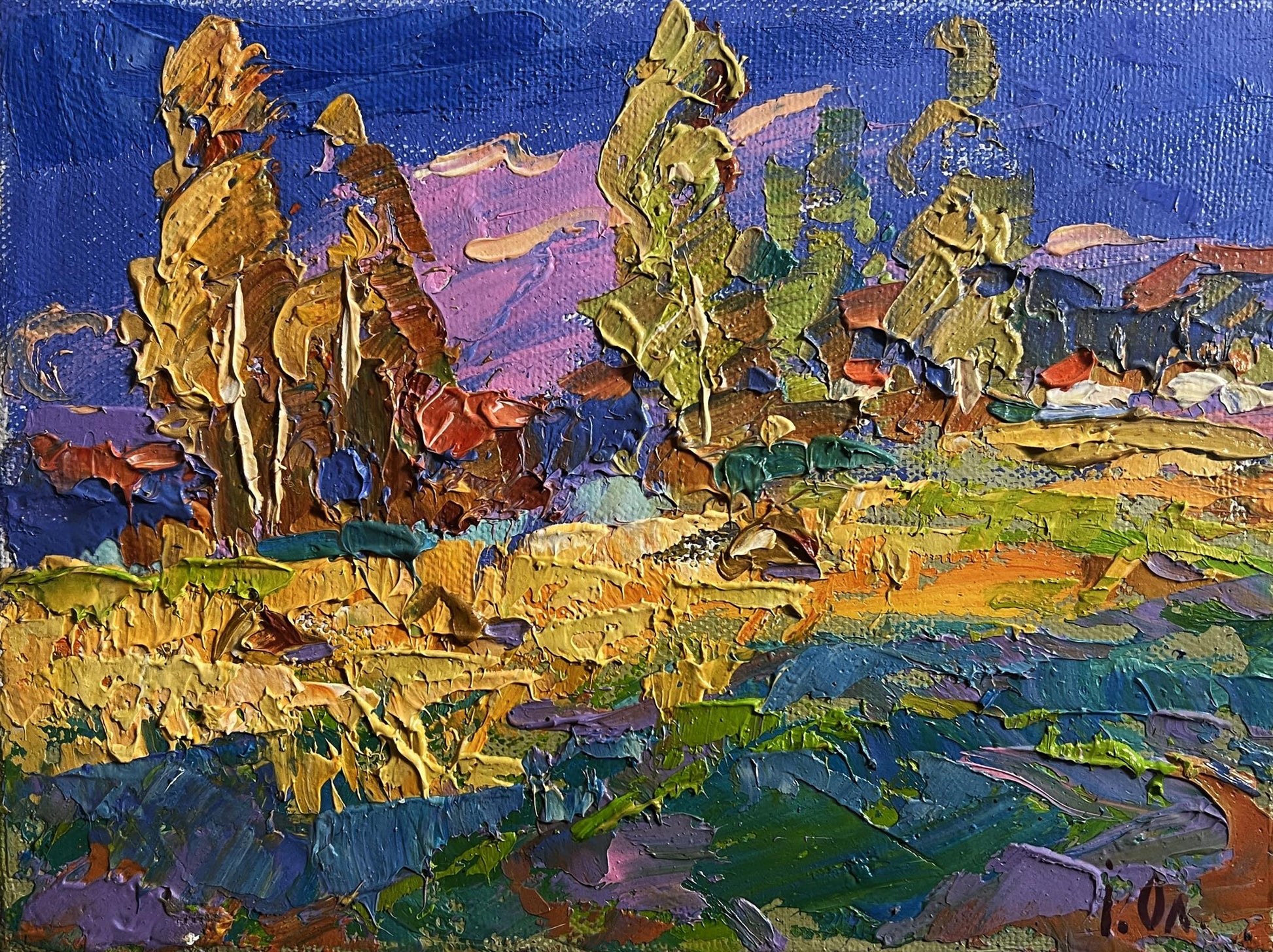 Vibrant impressionist oil painting Blue sky over the fields by Oksana Ivanyuk