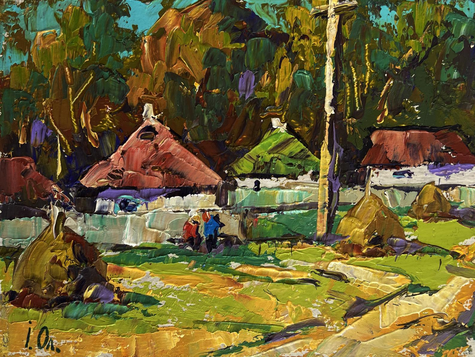 Vibrant impressionist oil painting by Oleksiy Ivanyuk of village bench scene