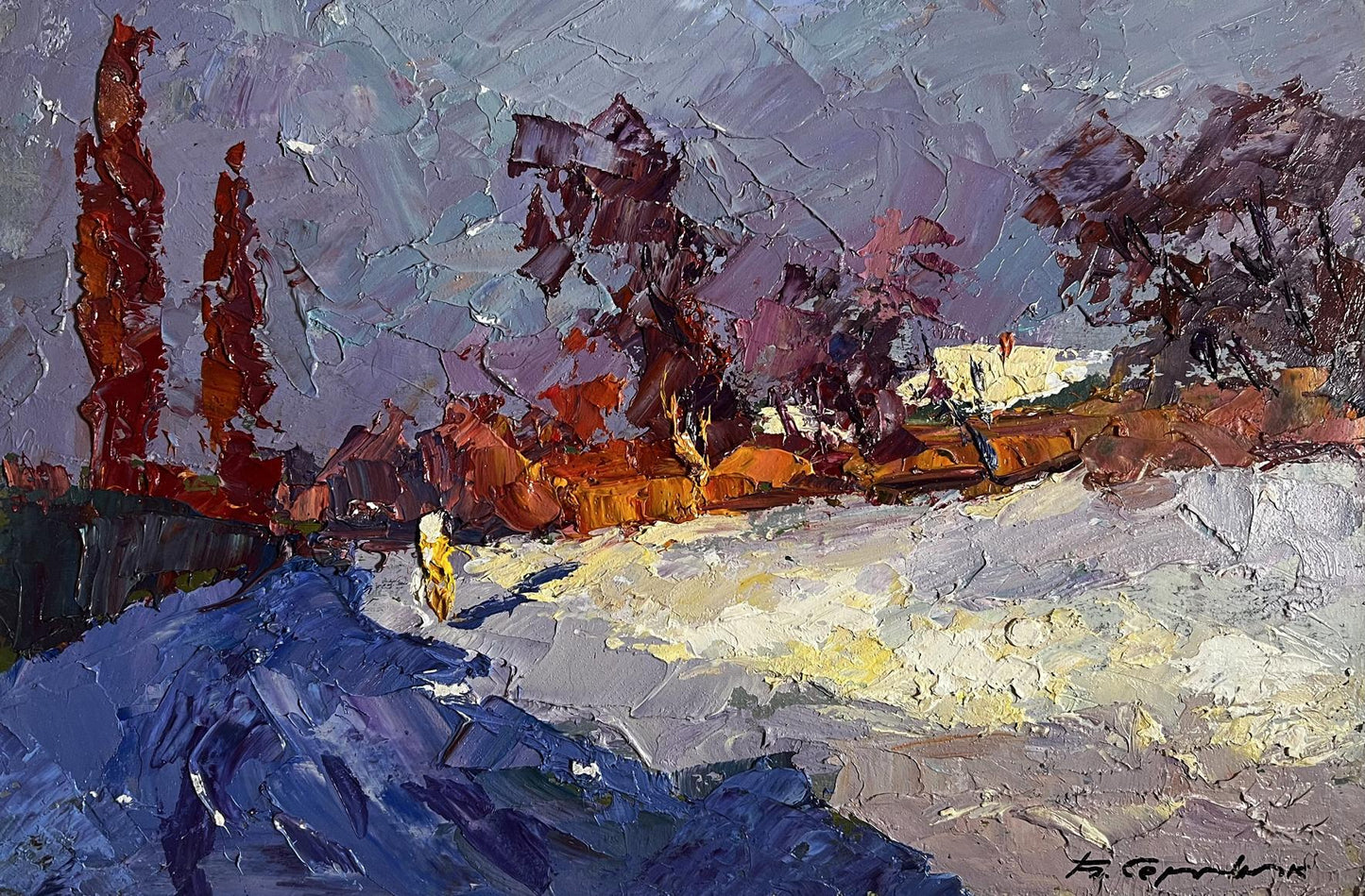 Oil painting Sunny day in winter by Boris Serdyuk, textured purple orange blue landscape