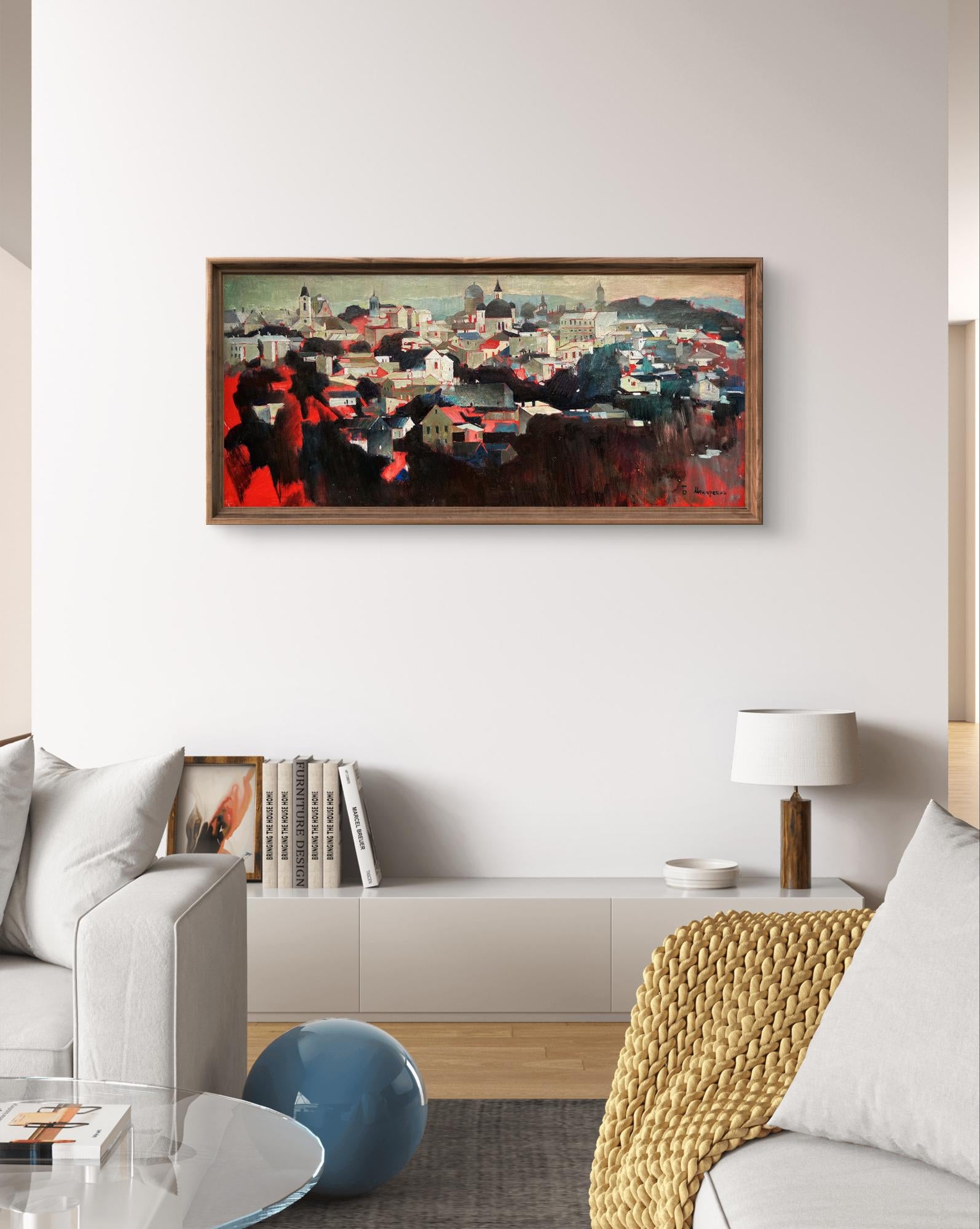Oil painting Panorama of Chernivtsi by Bohdan Makarenko in wooden frame