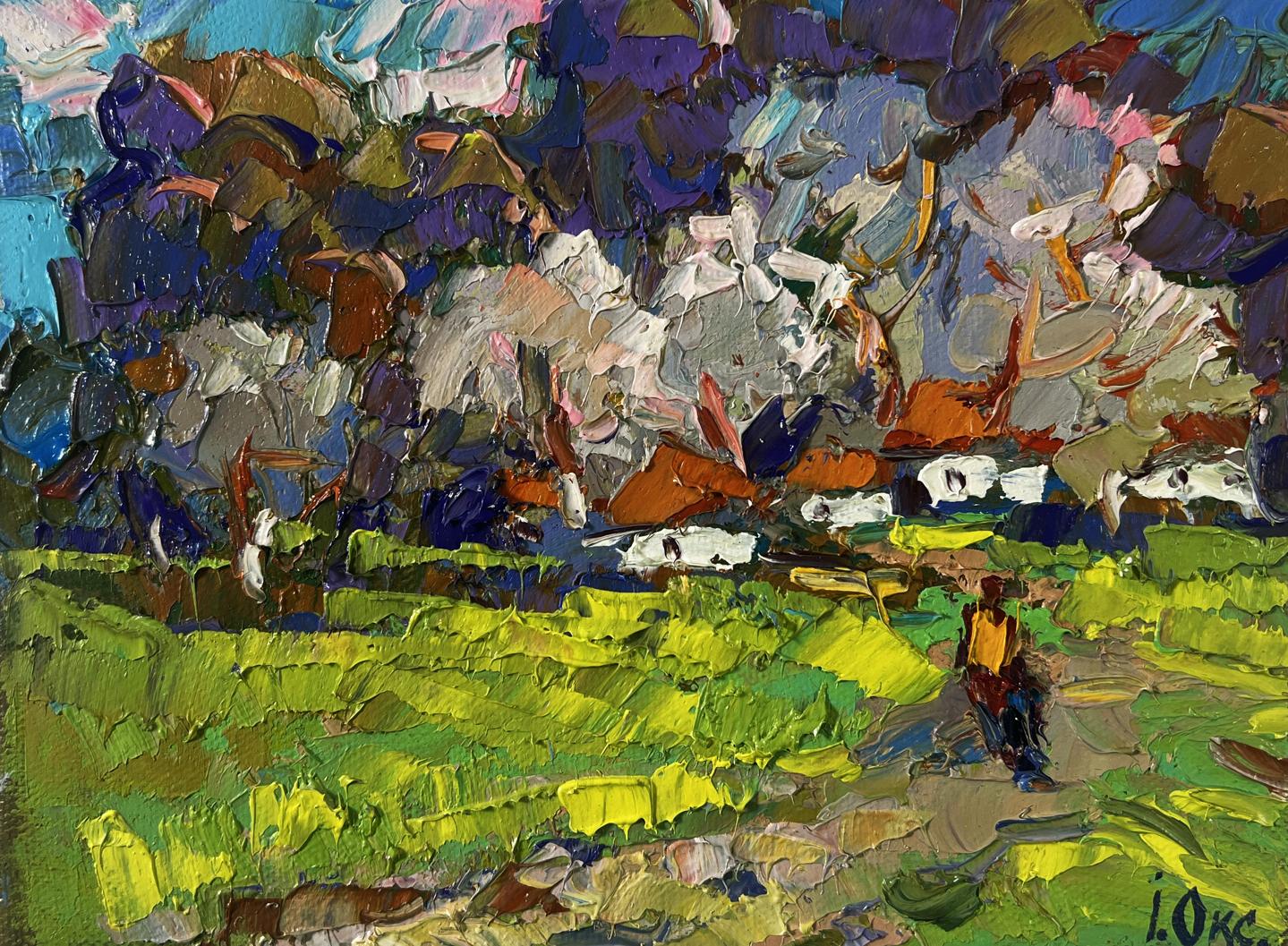 Vibrant impressionist oil painting of melting snow and early spring fields by Oksana Ivanyuk