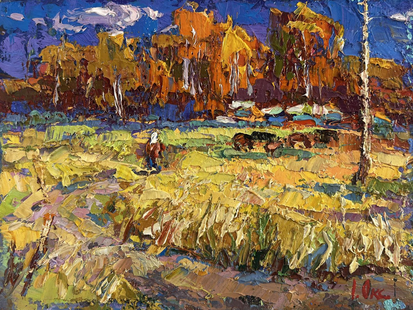 Vibrant impressionist oil painting Golden breath of autumn by Oksana Ivanyuk