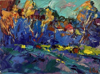 Oil painting Autumn blue forest by Oksana Ivanyuk with vibrant impasto strokes