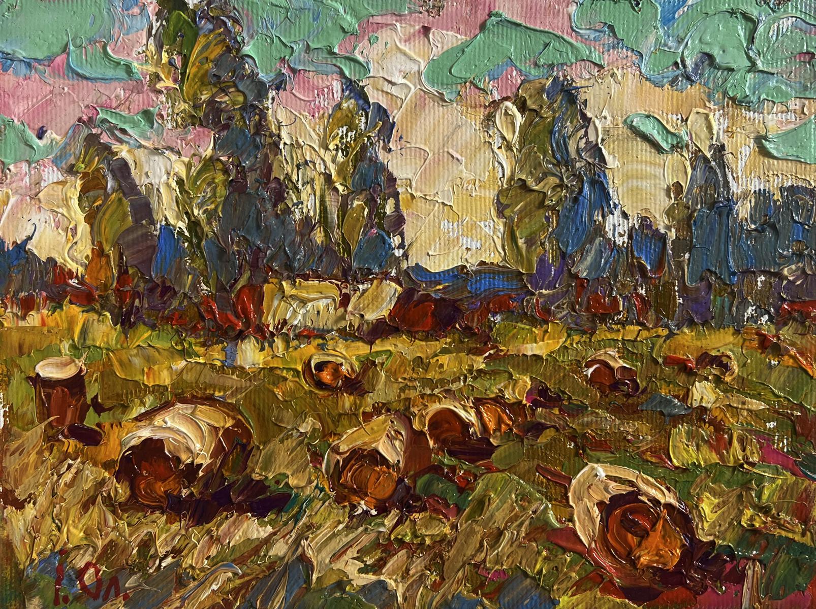 Vibrant impressionist oil painting Haystacks in the Field by Oleksiy Ivanyuk
