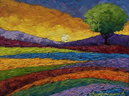 Oil painting of yellow sunset over flower field with green tree by V. Zadorozhnya