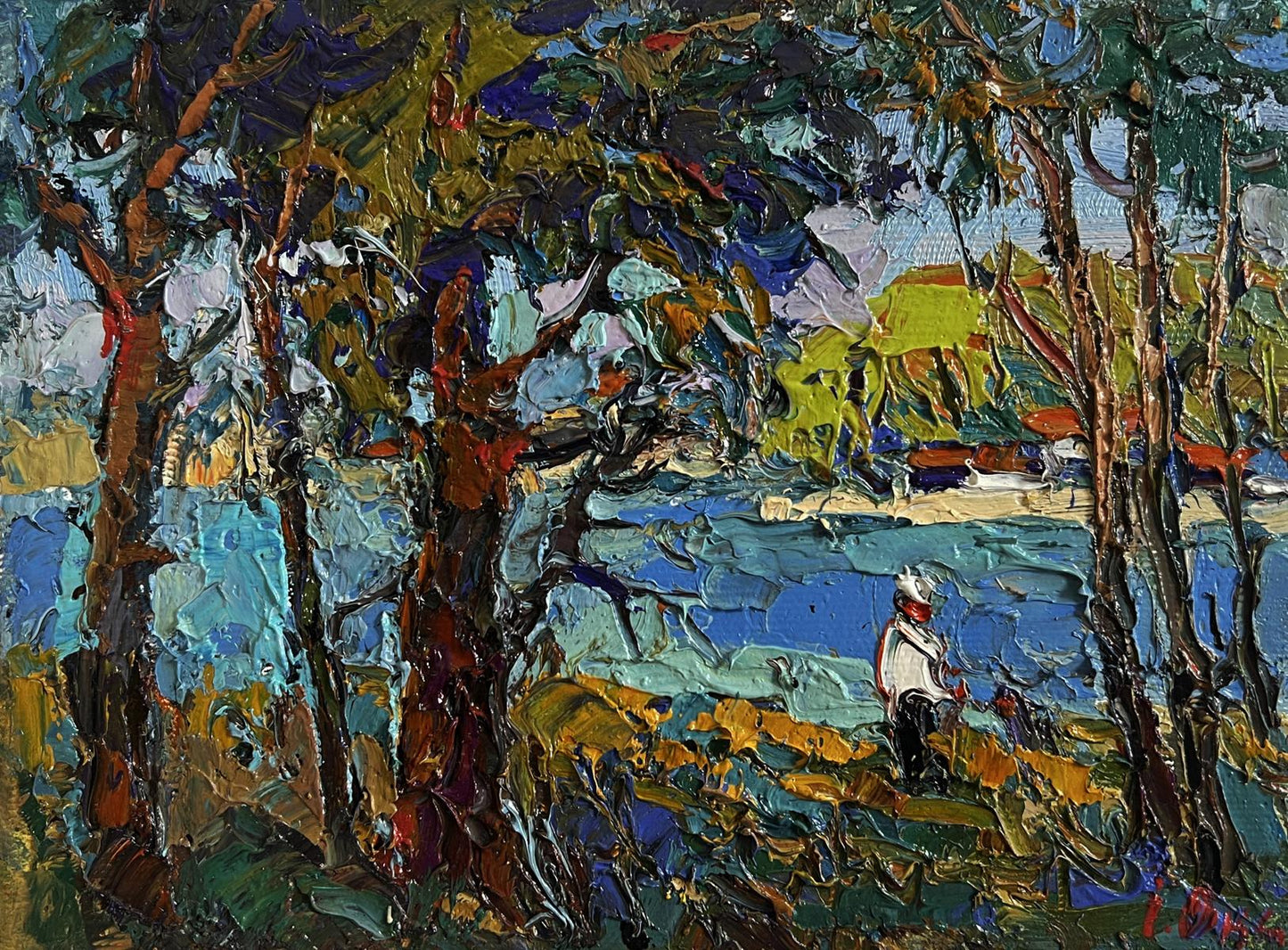 Vibrant oil painting In the shade of the trees by Oksana Ivanyuk near water under trees