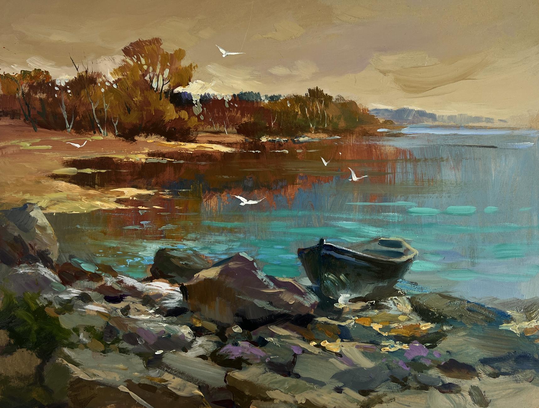 Oil painting by Yuriy Suprunchuk: birds over river, weathered rowboat on rocky shore
