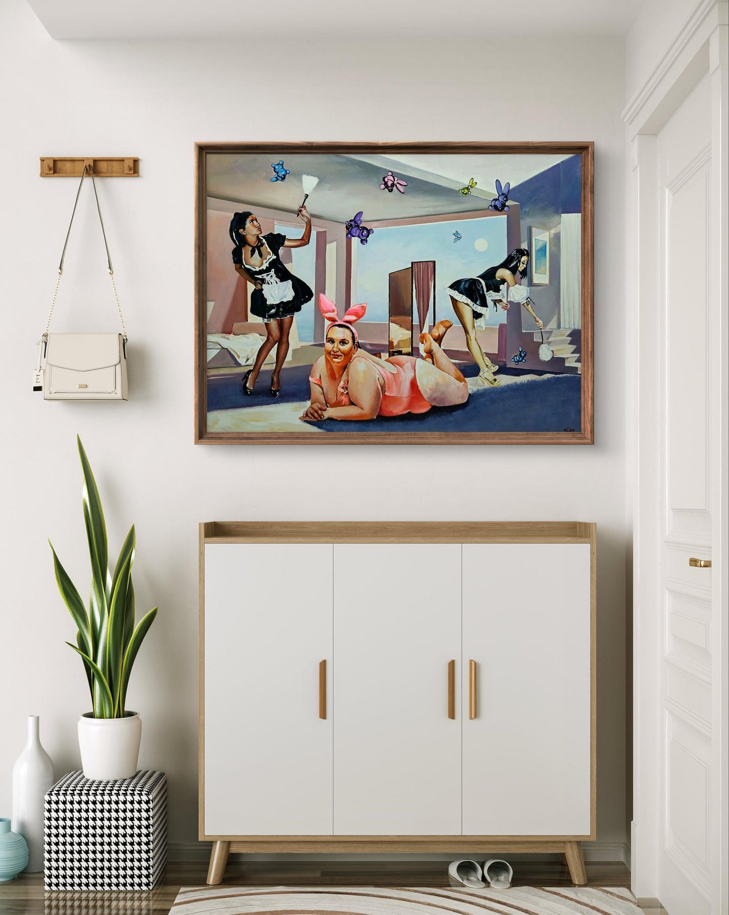 Framed oil painting The mistress of the house by Igor Konovalov with maids and butterflies