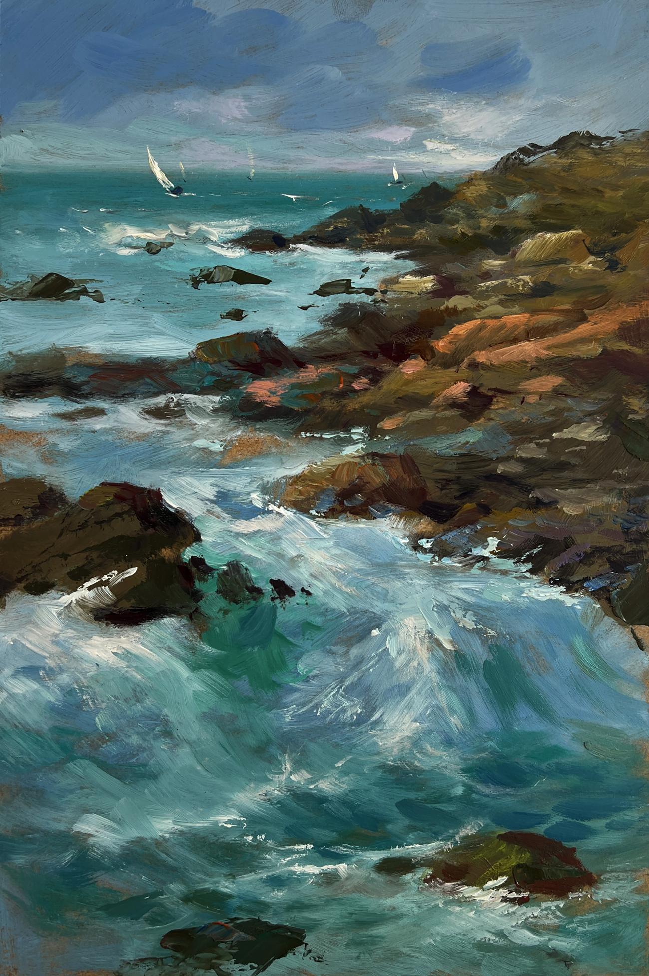 Vibrant oil painting of turbulent turquoise waves, rocks, sailboats by Yuriy Suprunchuk