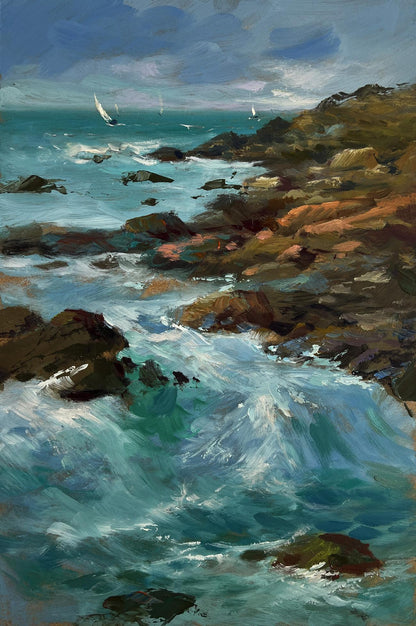 Vibrant oil painting of turbulent turquoise waves, rocks, sailboats by Yuriy Suprunchuk