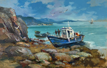 Oil painting of blue fishing boat with white cabin on rocky shore by Yuriy Suprunchuk