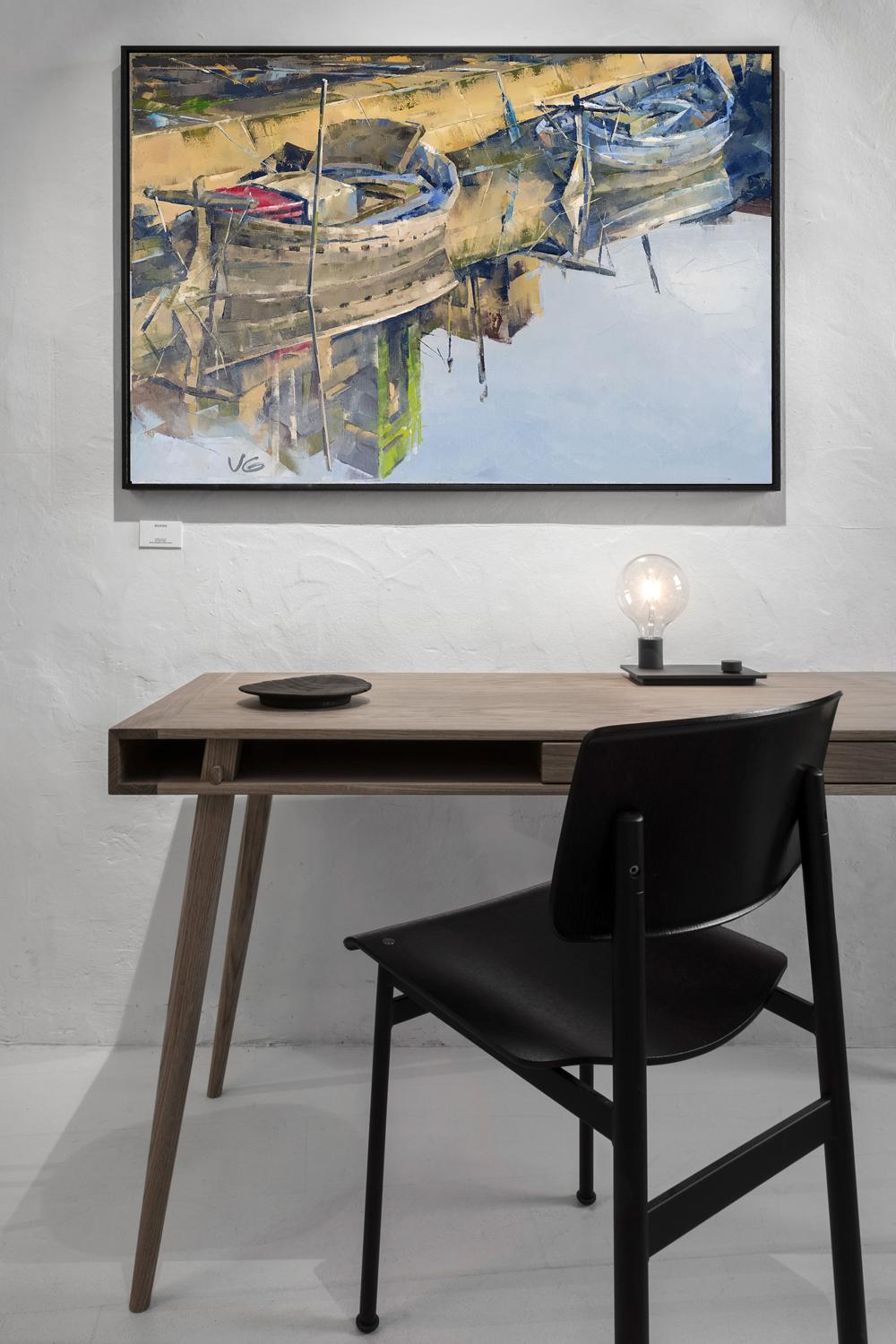 Oil painting of modern wooden desk with tapered legs and black chair by Pier Volodymyr Gluhomanyuk