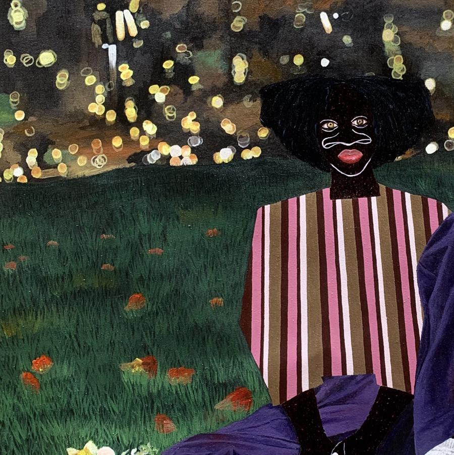 Stylized black afro figure in Held by the night acrylic painting by Akintomide Akinshola
