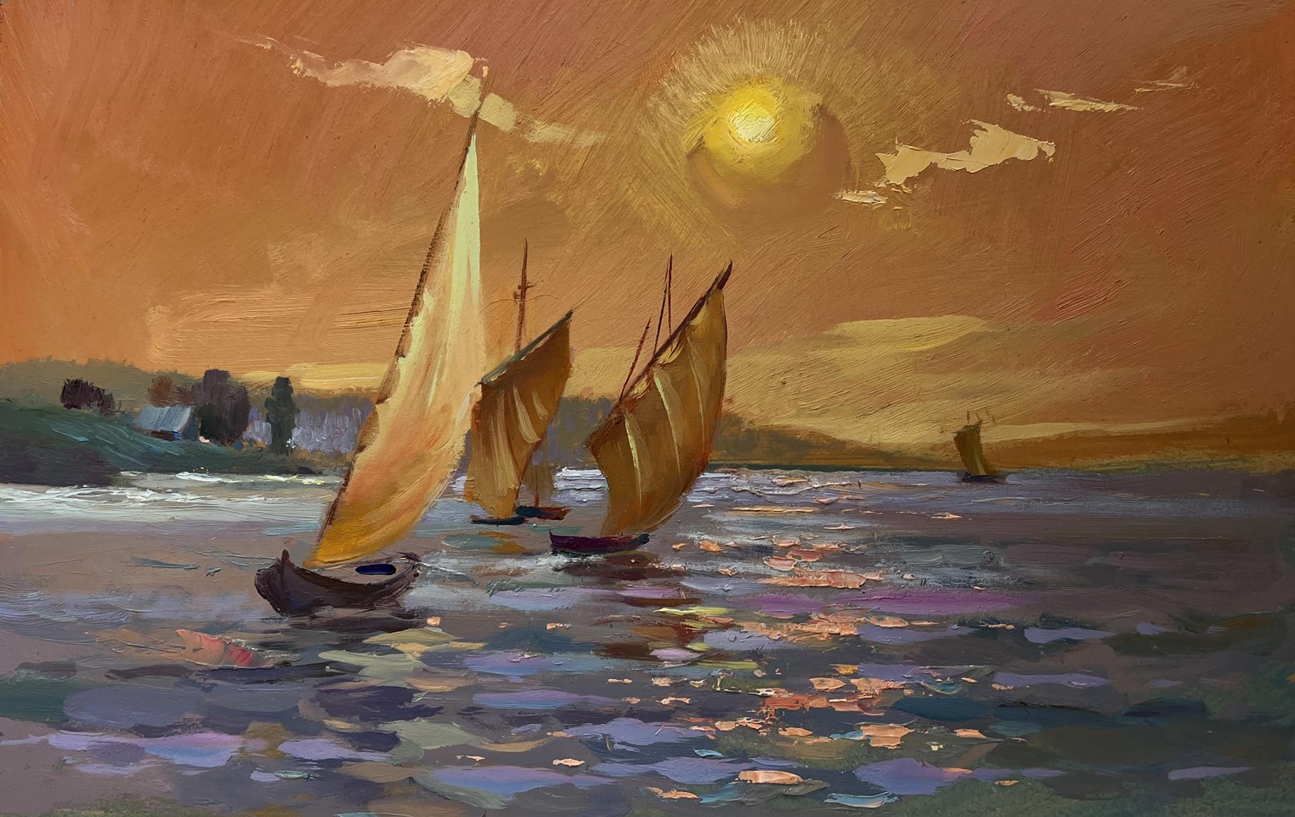 Oil painting of sailboats at romantic evening swim sunset by Yuriy Suprunchuk