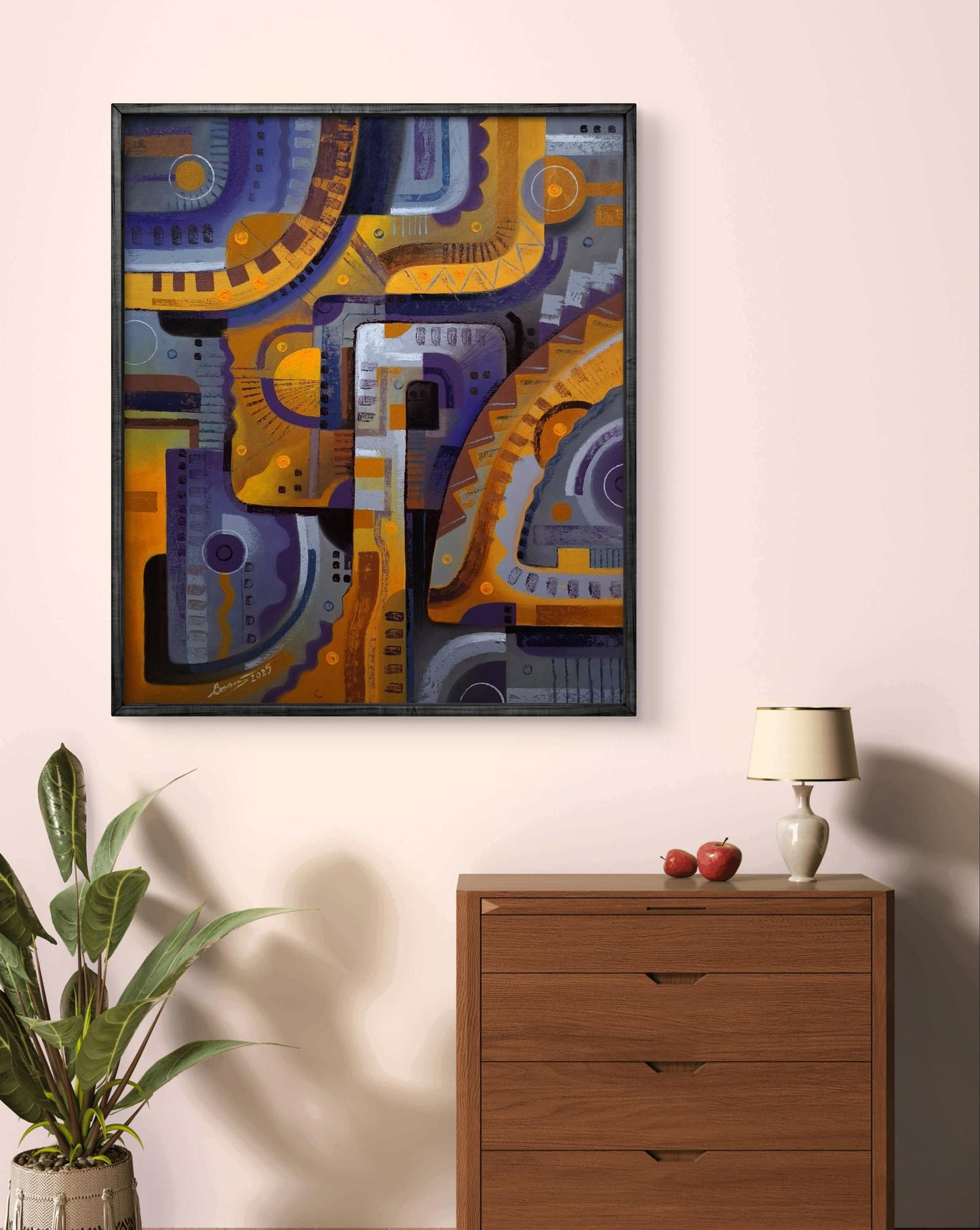 Oil painting Walking in the labyrinth by Sergiy Voichenko, purple orange gray geometric art in black frame