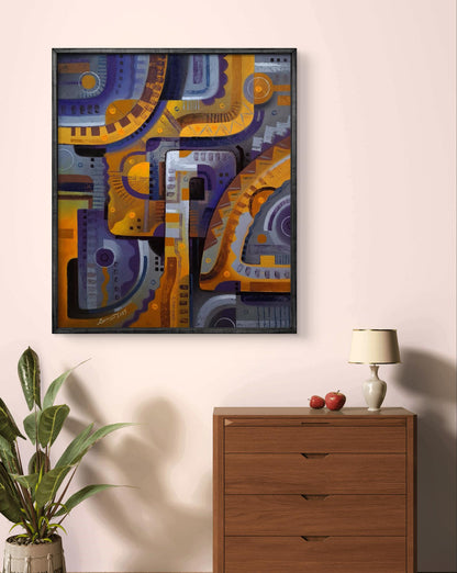Oil painting Walking in the labyrinth by Sergiy Voichenko, purple orange gray geometric art in black frame