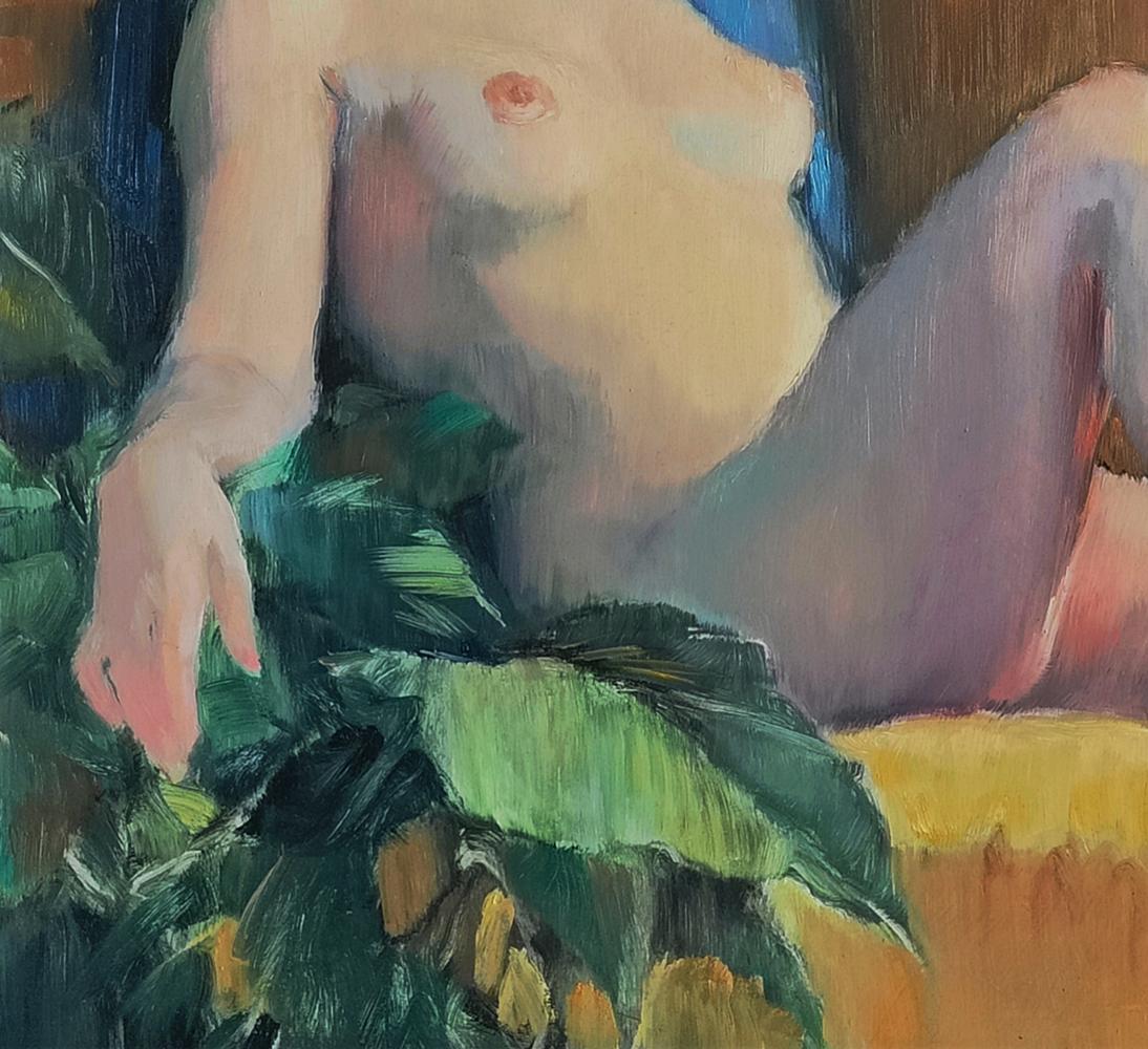 Impressionistic oil painting of figure blue-haired girl Oksana Osnach in lush foliage