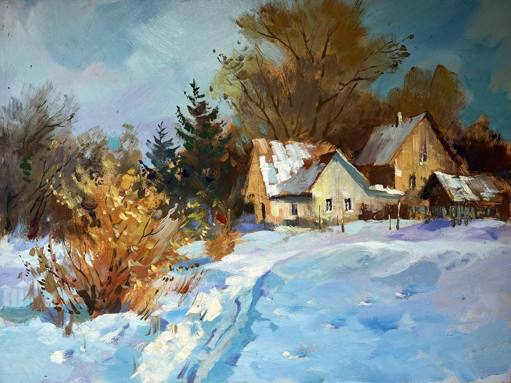 Oil painting by Yuriy Suprunchuk: rustic house in snowy landscape with autumn trees