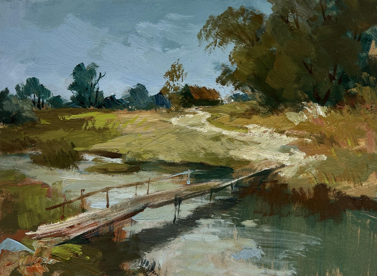 Oil painting of wooden bridge over calm river by Yuriy Suprunchuk
